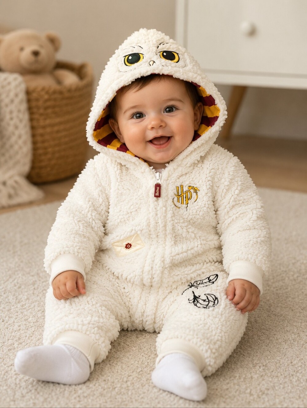 Harry Potter Hedwig Owl Sherpa Fleece Hooded Coverall White 3-6M